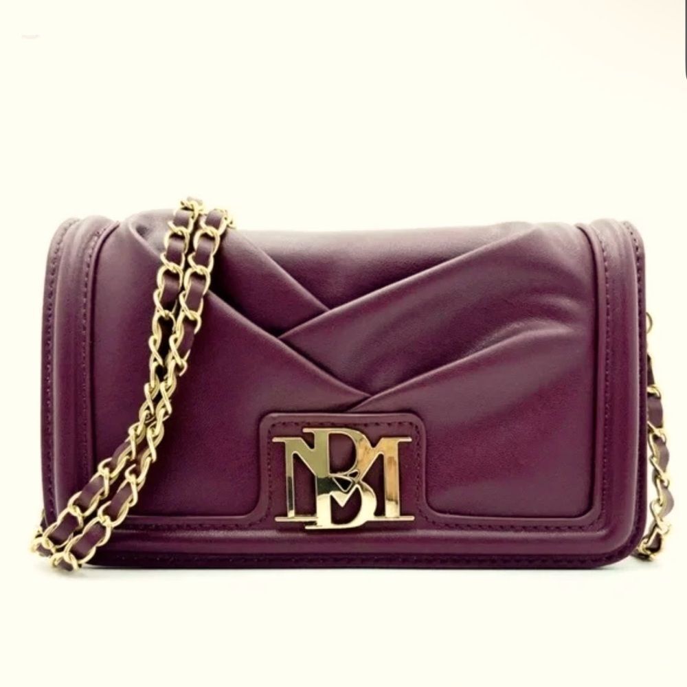 Badgley Mischka Plum Vegan Leather Small Pleated Gold Chain Strap Crossbody
